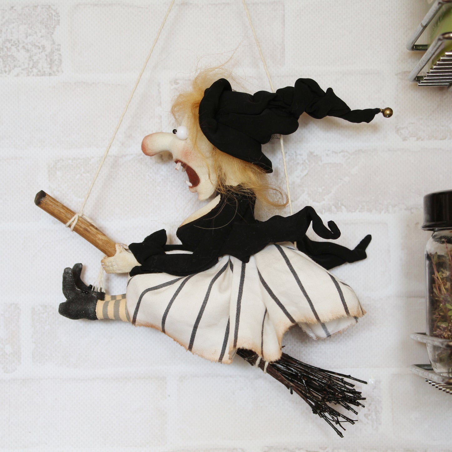 Funny Flying Witch Doll on Broom - Kitchen Ornament