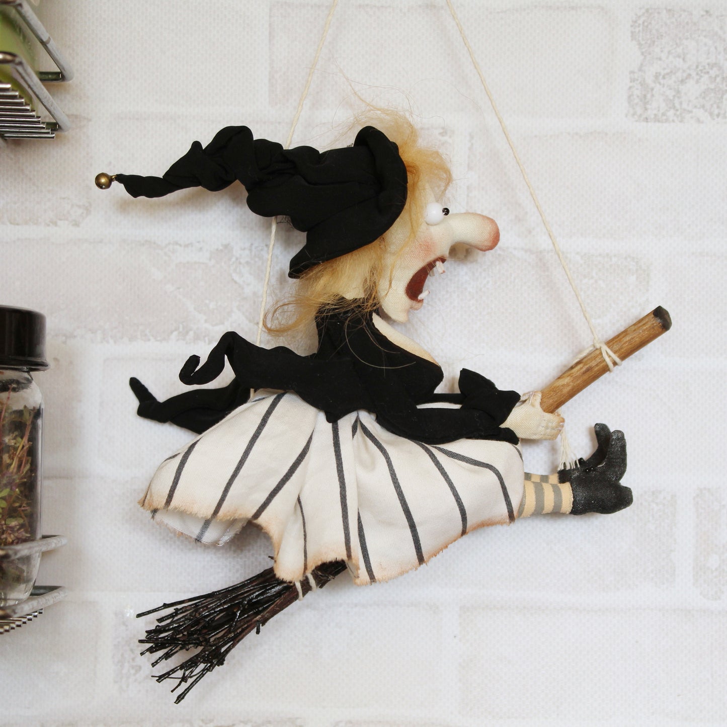 Funny Flying Witch Doll on Broom - Kitchen Ornament