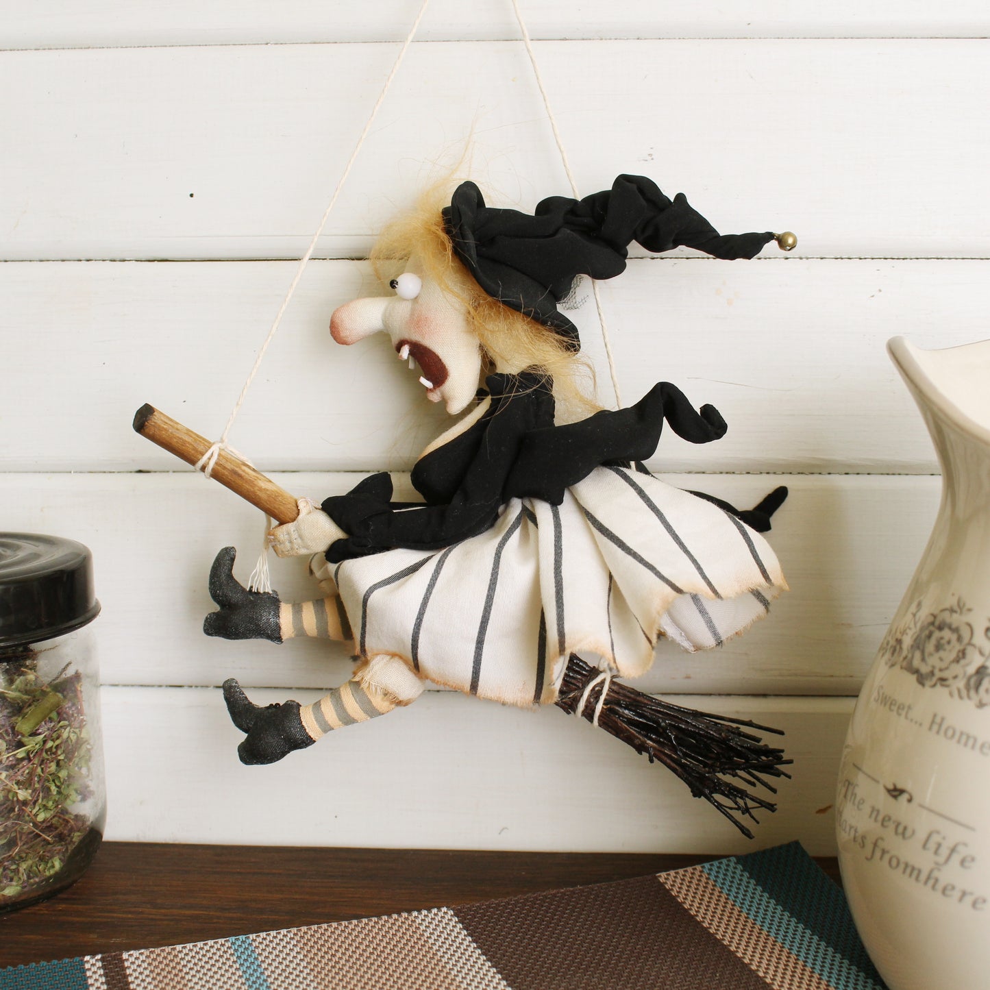 Funny Flying Witch Doll on Broom - Kitchen Ornament