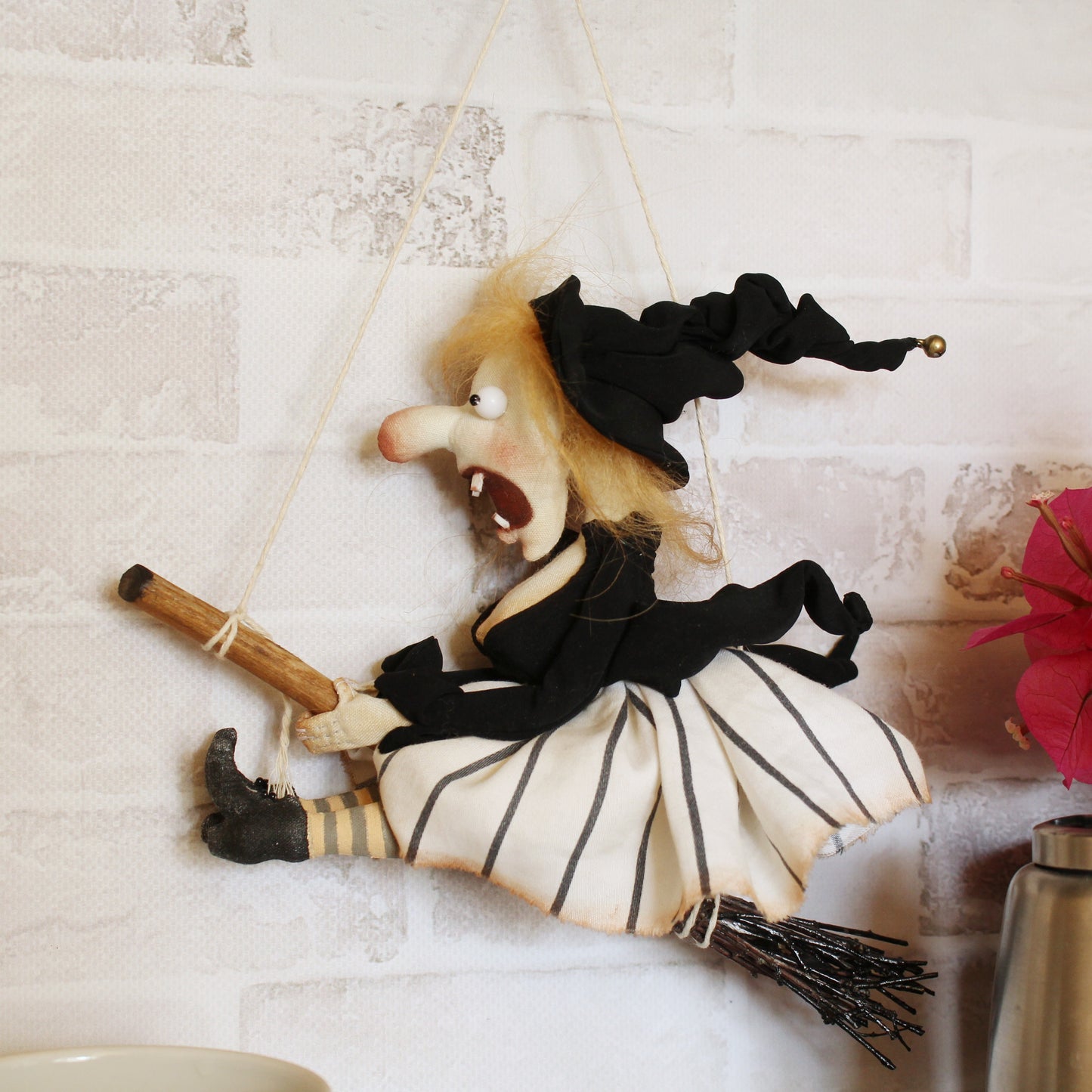 Funny Flying Witch Doll on Broom - Kitchen Ornament