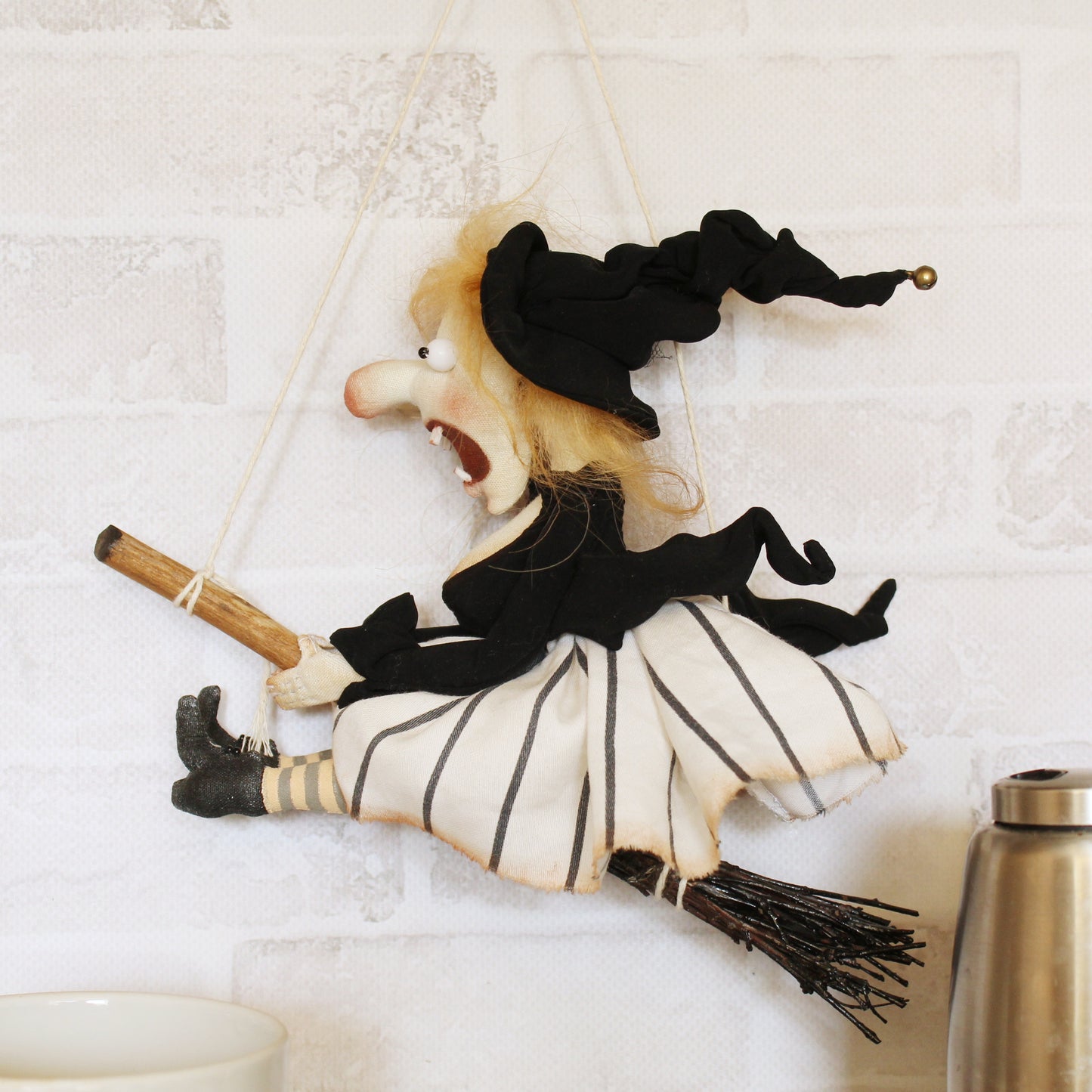 Funny Flying Witch Doll on Broom - Kitchen Ornament