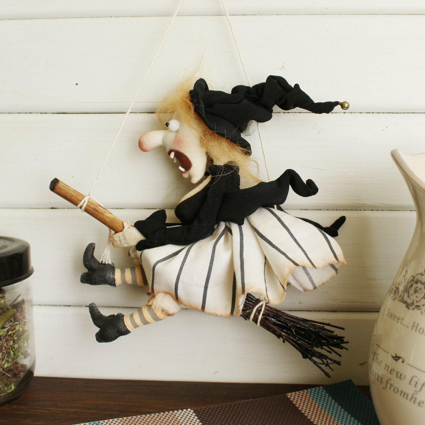 Funny Flying Witch Doll on Broom - Kitchen Ornament