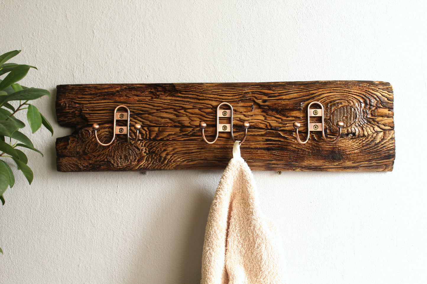 Rustic reclaimed wood coat rack, Entry Coat Rack with 3 vintage style hooks