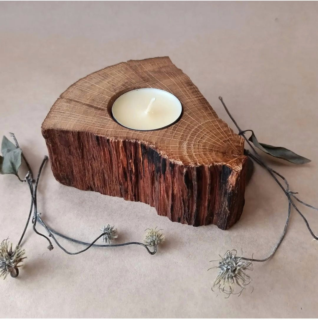 Rustic Driftwood Candle Holder, Oak Wooden Candlestick