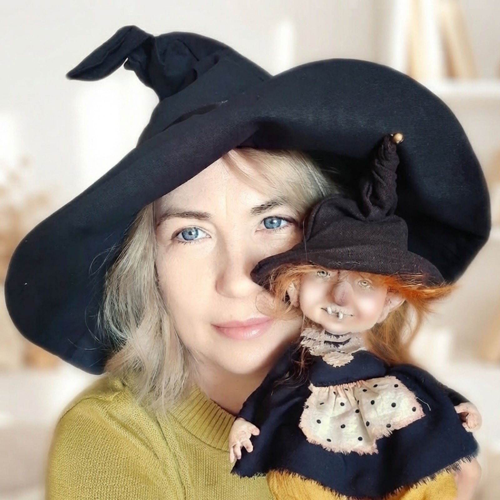 Iryna Khochyna holding a handmade witch doll