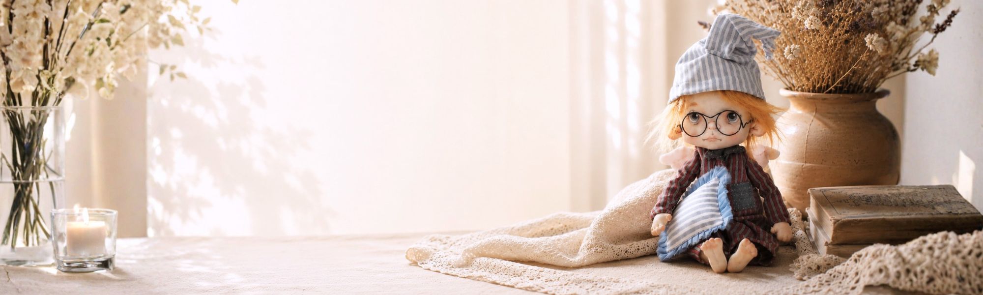 Handmade cloth doll in a sunlit studio